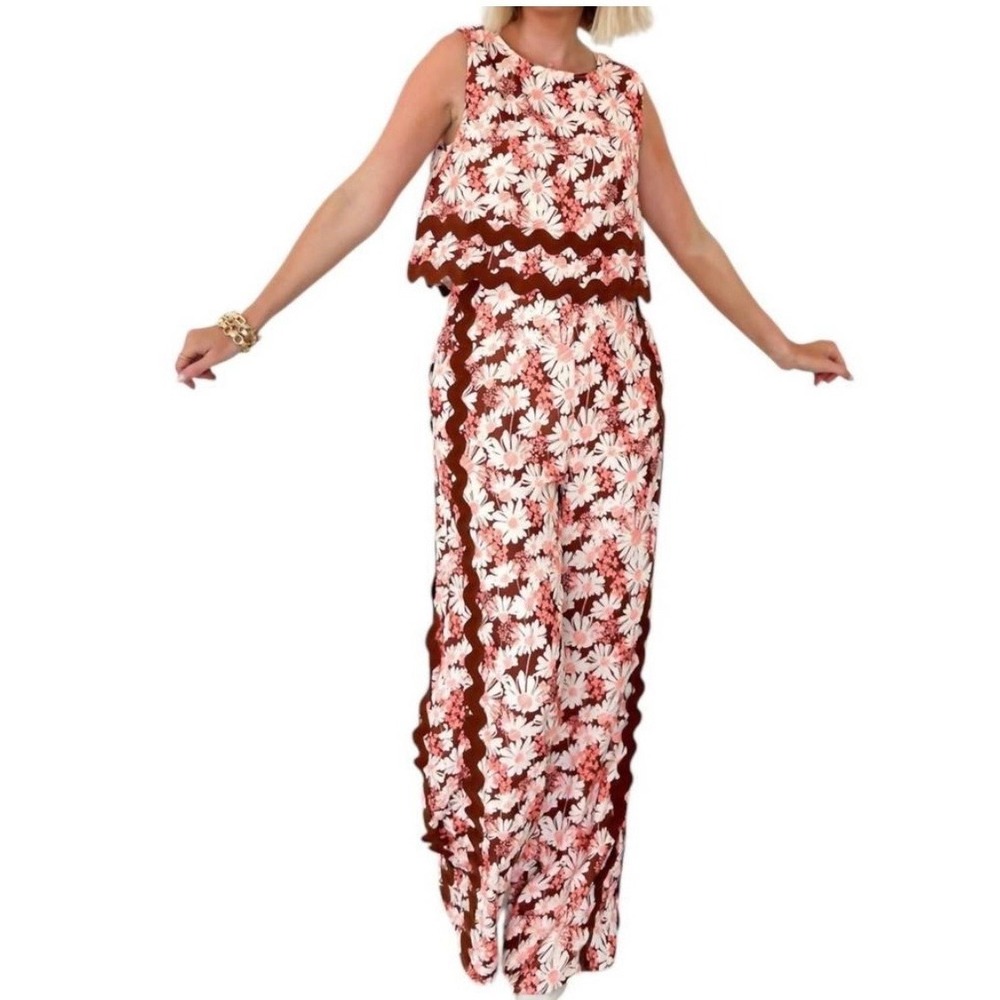 Mainstrip Womens Floral Daisy Scalloped Ric Rac Trim Jumpsuit Orange Brown L NEW